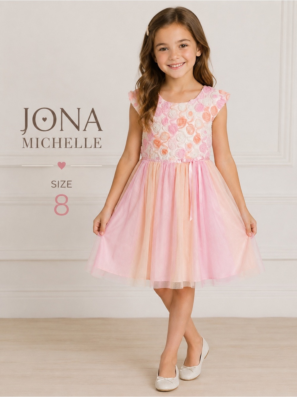 Jona Michelle Girls Party Dress Size 8 Pink Floral Rosette Tulle Dress